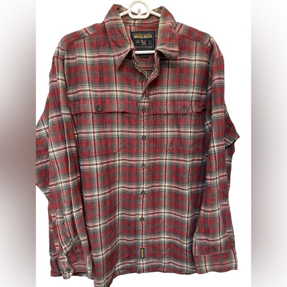 Vintage Woolrich Men's 100% Cotton Flannel Button Down Shirt Red & Gray Plaid - Picture 1 of 5